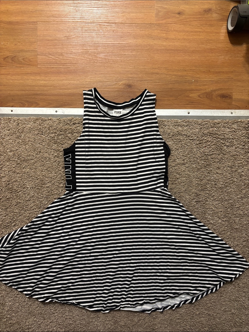 PINK Black & White Striped Tank Skater Dress Woman’s Lg Excellent Condition